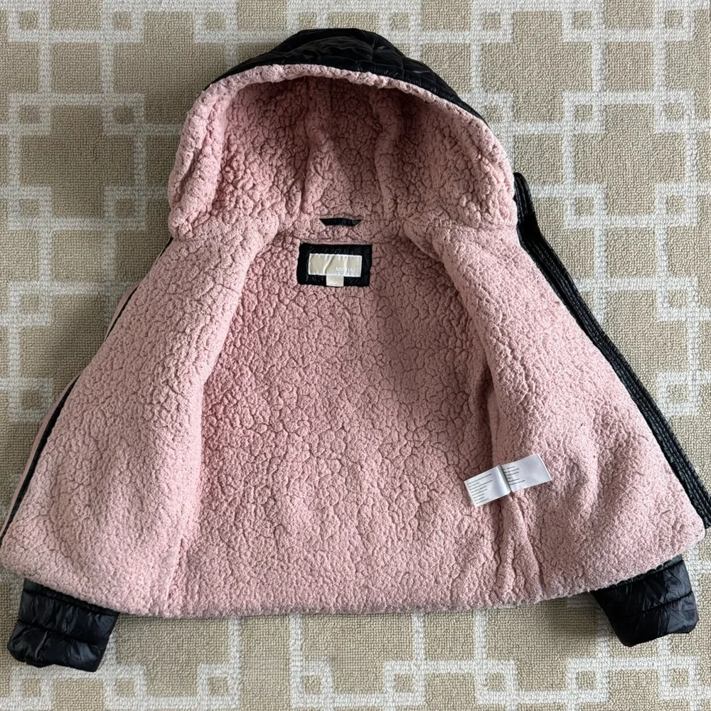 Michael Kors Kids Sherpa Lined Puffer Jacket Black Blush Hooded Coat Girls 10-12